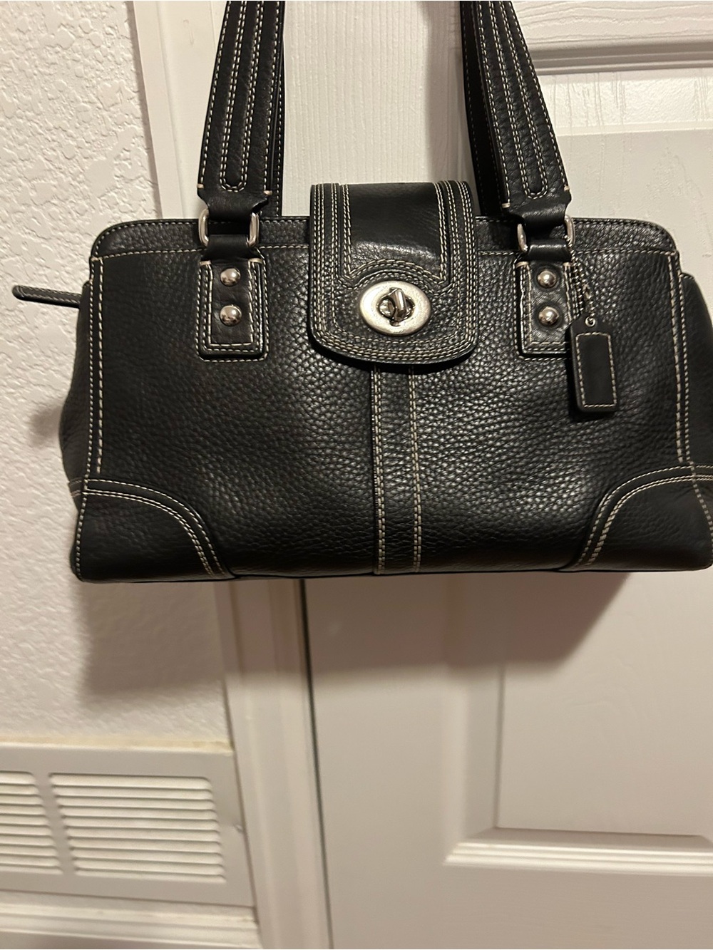 Coach Black Leather Satchel with White Contrast Stitching - Picture 2 of 11
